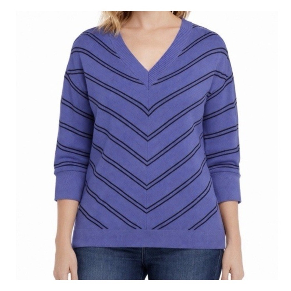 Preppy Coastal V Neck Pointelle Striped Knit Sweater Top Talbots L